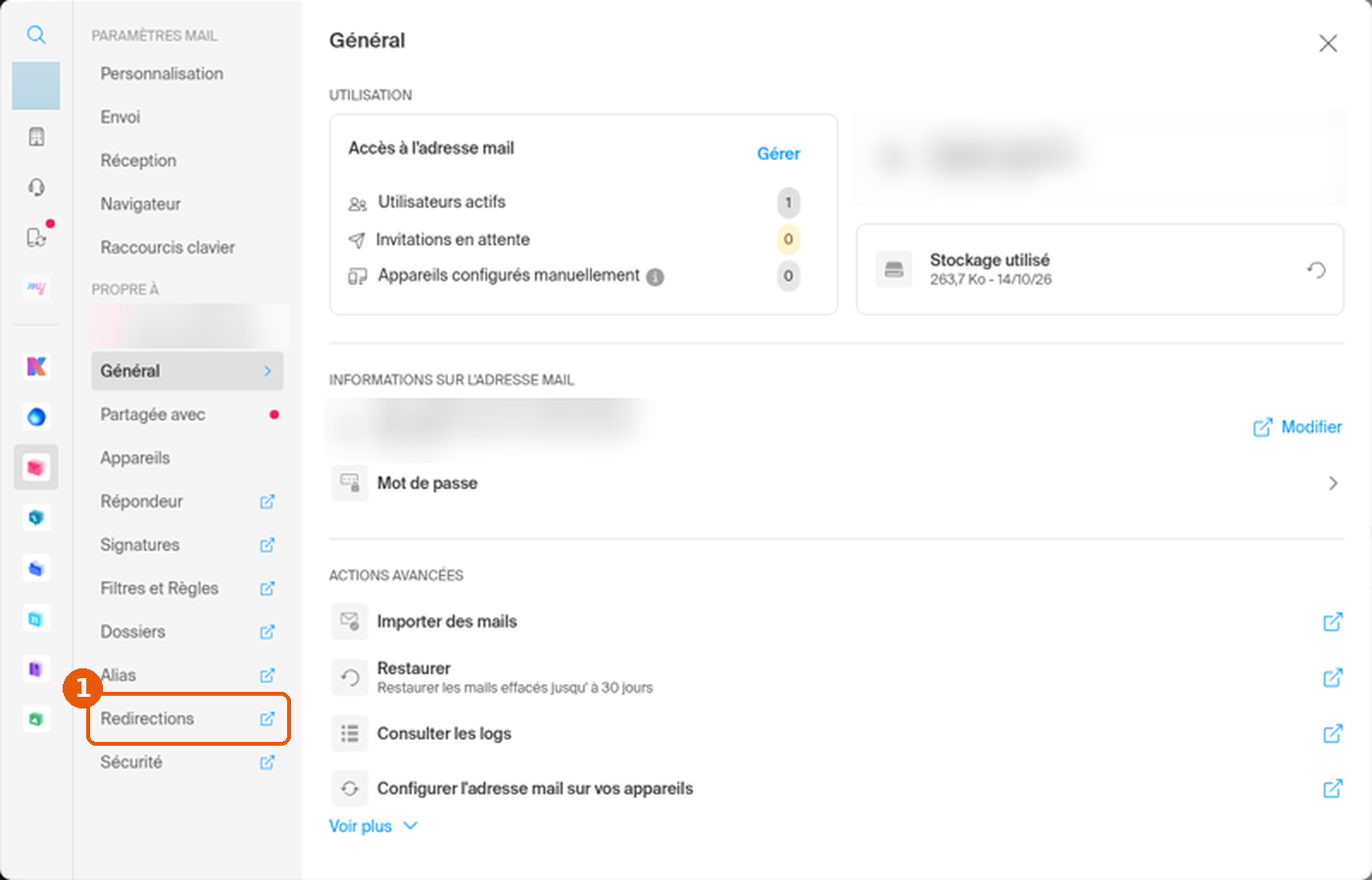 Paramètres Mail avec l'entrée Redirections encadrée