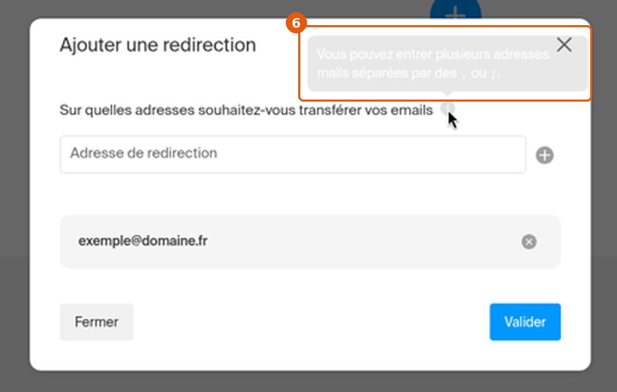 Infobulle indiquant que plusieurs adresses peuvent être séparées par une virgule ou un point-virgule