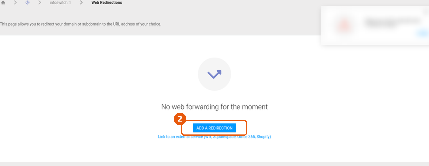 Page Web Redirections en anglais, aucune redirection existante, bouton ADD A REDIRECTION encadré