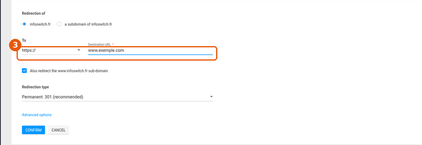 Formulaire Add a web redirection : liste To (https://) et champ Destination URL rempli avec www.exemple.com encadrés