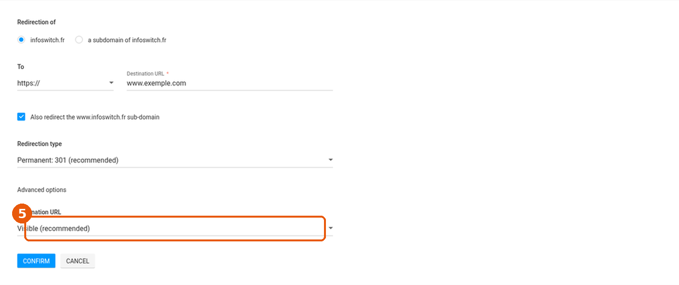 Advanced options déployées : liste Destination URL sur Visible (recommended) encadrée