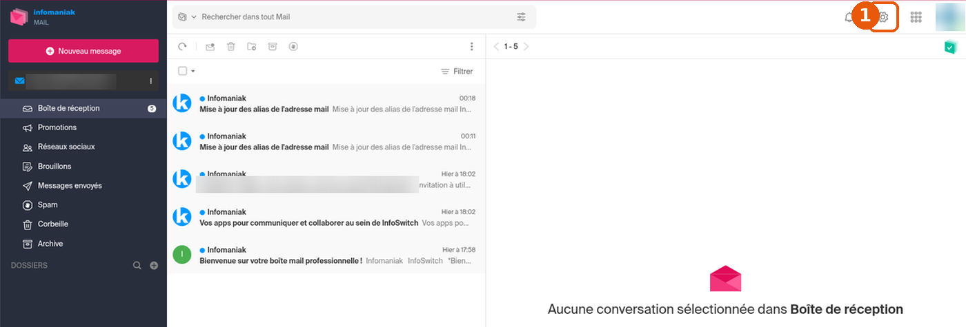 Boîte de réception Mail, icône engrenage Paramètres encadrée