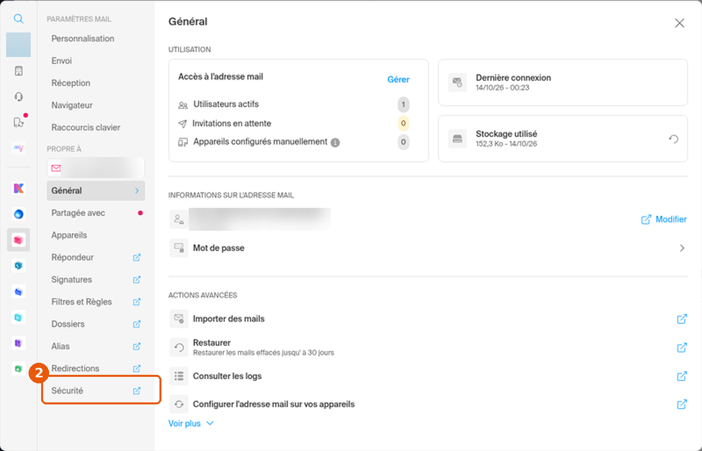 Fenêtre Paramètres de Mail, rubrique Sécurité encadrée
