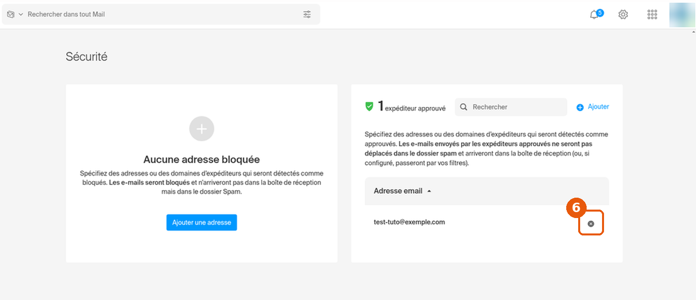 Liste des expéditeurs approuvés, bouton de retrait de la ligne encadré