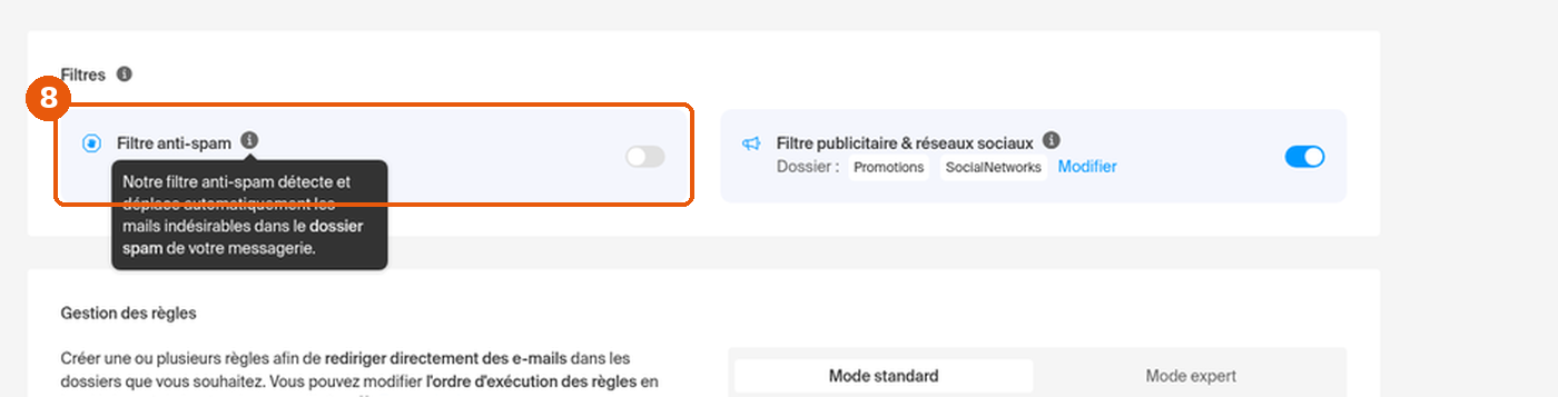 Page Filtres et règles, interrupteur Filtre anti-spam et son infobulle encadrés