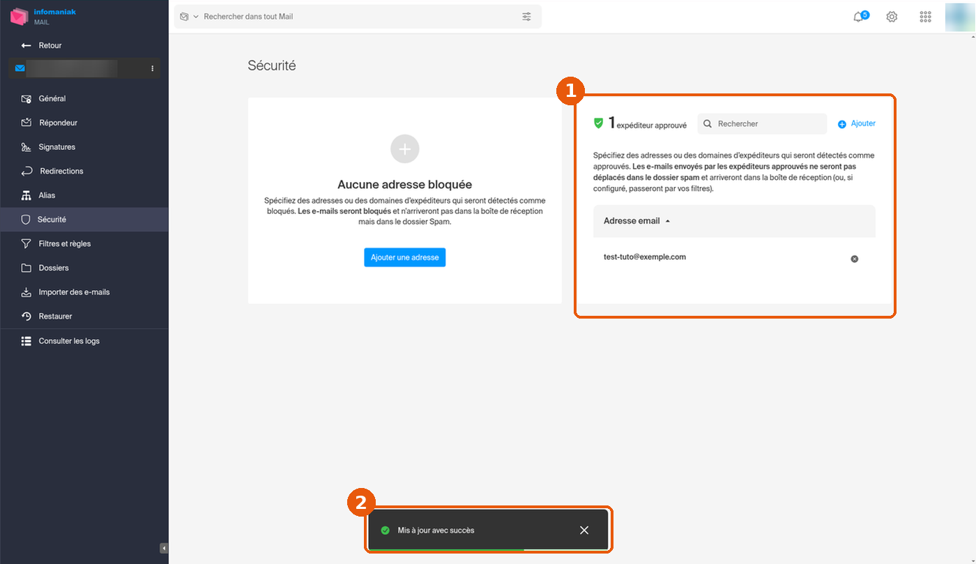 Panneau 1 expéditeur approuvé et message Mis à jour avec succès encadrés