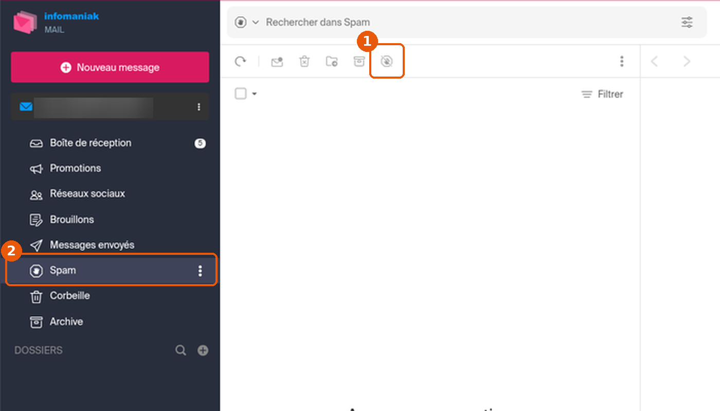 Dossier Spam vide, bouton Retirer des spams et dossier Spam encadrés