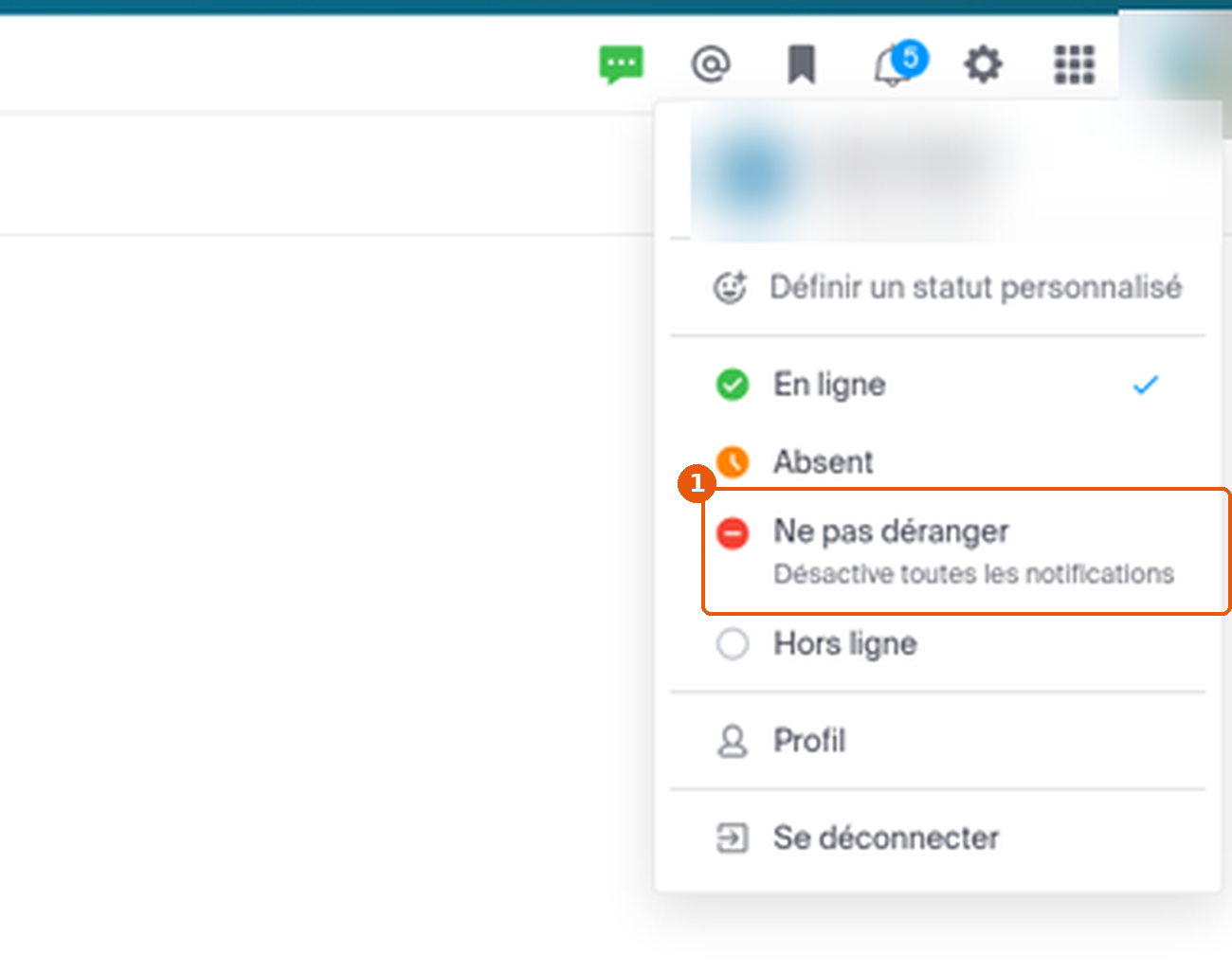 Menu de statut kChat avec l'option Ne pas déranger encadrée