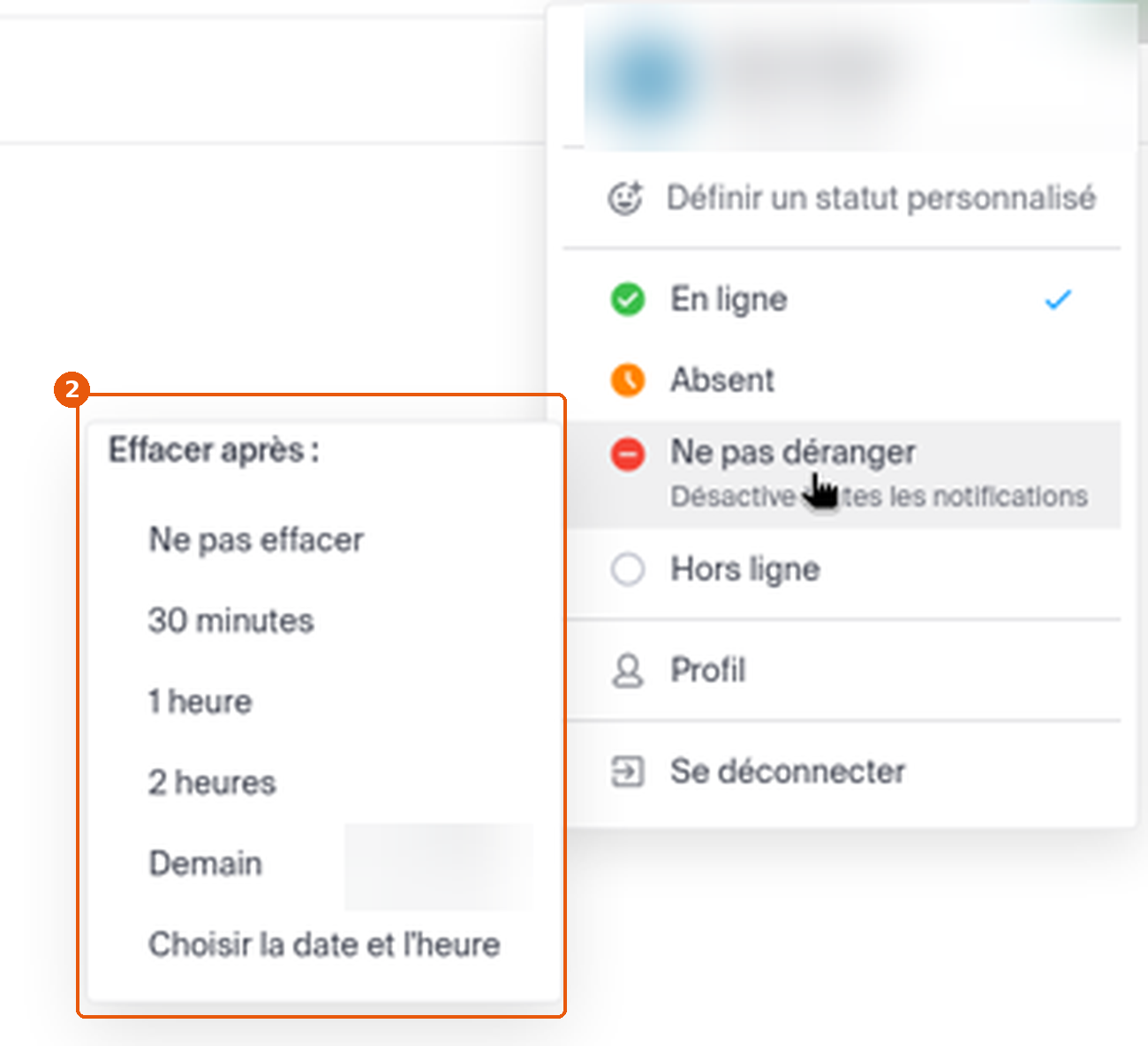 Sous-menu Effacer après avec les durées proposées