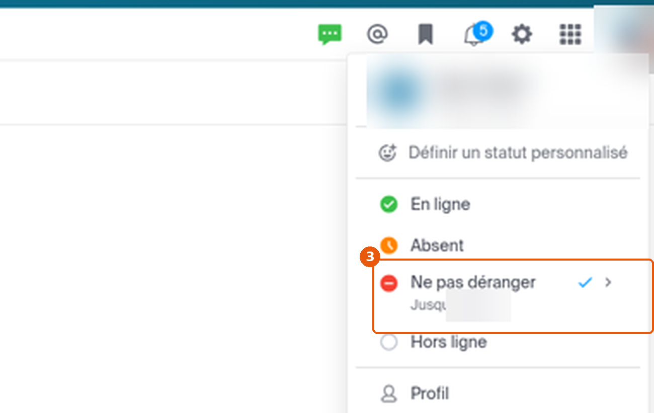 Menu de statut avec Ne pas déranger coché et son heure de fin masquée
