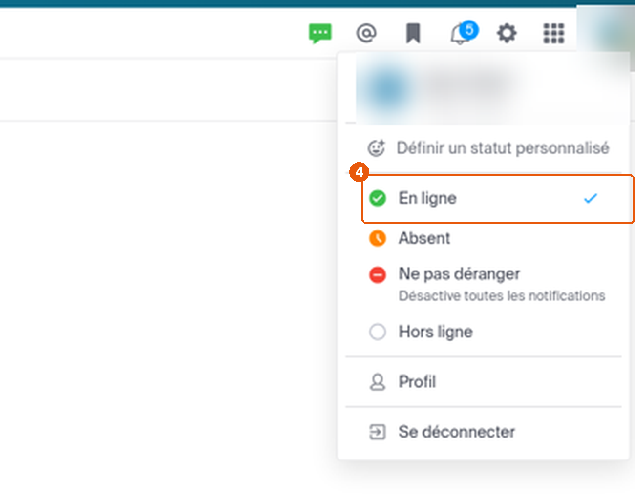 Menu de statut avec l'option En ligne cochée et encadrée