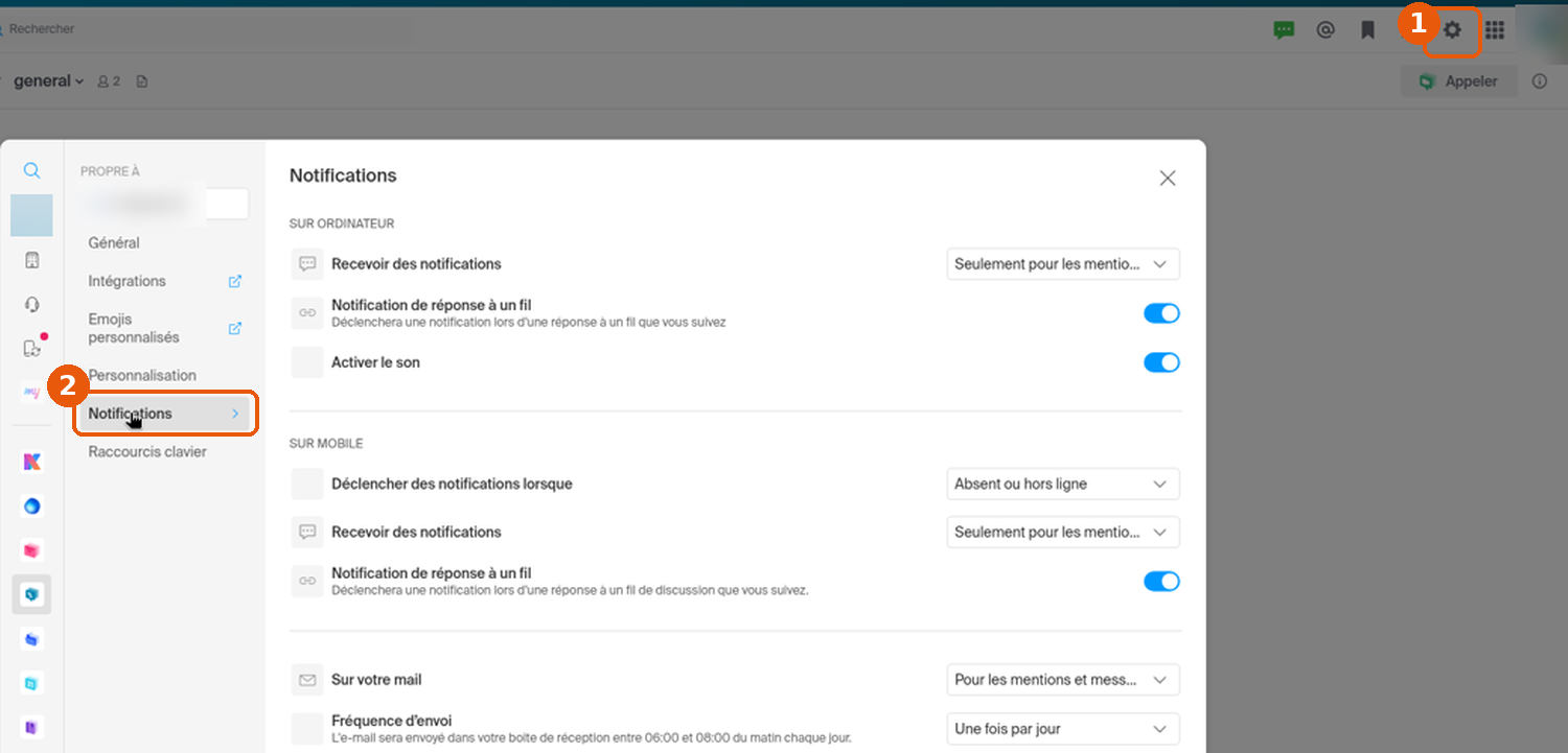 Fenêtre des paramètres kChat ouverte sur Notifications