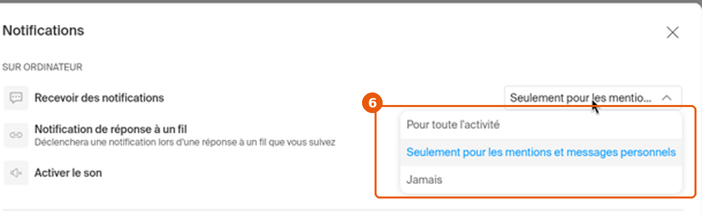 Liste Recevoir des notifications ouverte avec ses trois options