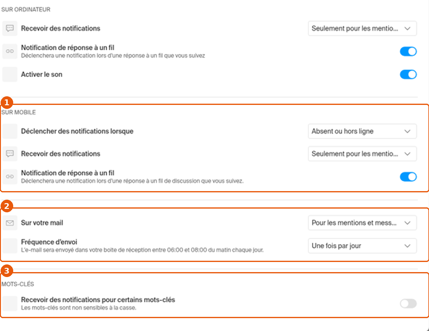 Sections Sur mobile, Sur votre mail et Mots-clés encadrées