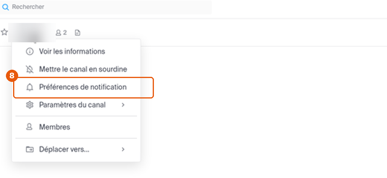 Menu d'un canal avec Préférences de notification encadré