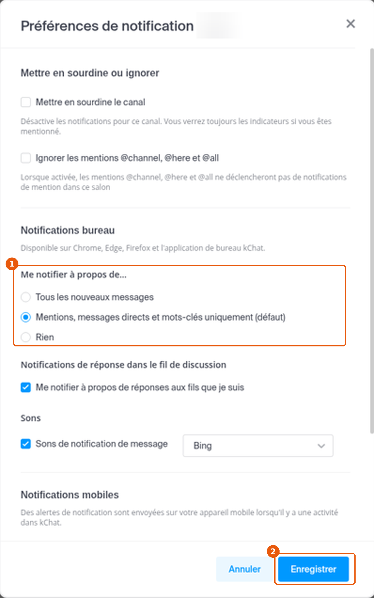 Préférences de notification d'un canal avec Me notifier à propos de et Enregistrer encadrés