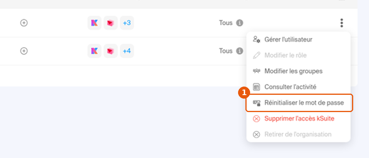Liste des utilisateurs, menu ⋮ ouvert : entrée Réinitialiser le mot de passe encadrée
