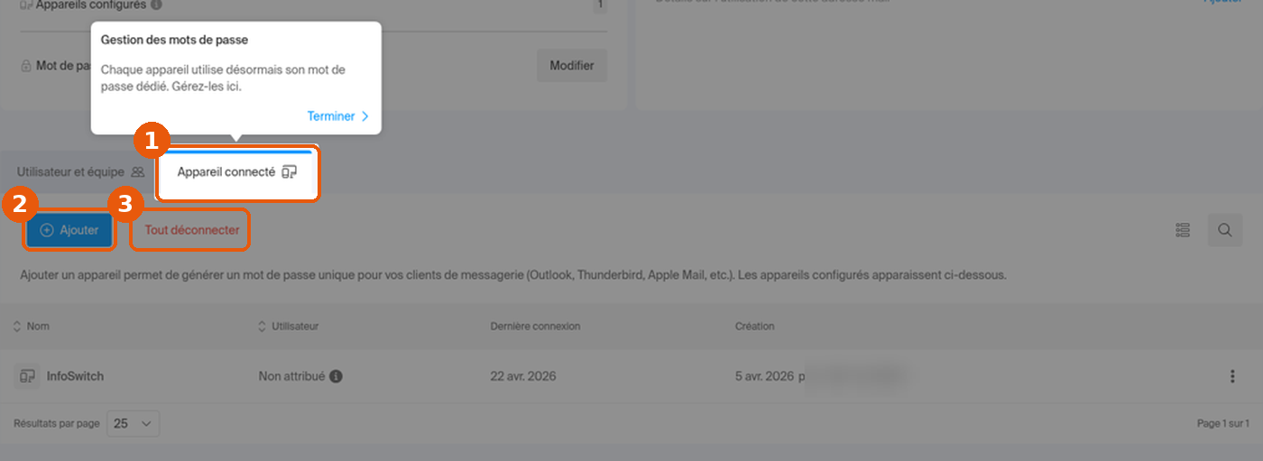 Onglet Appareil connecté : bulle Gestion des mots de passe, boutons Ajouter et Tout déconnecter encadrés