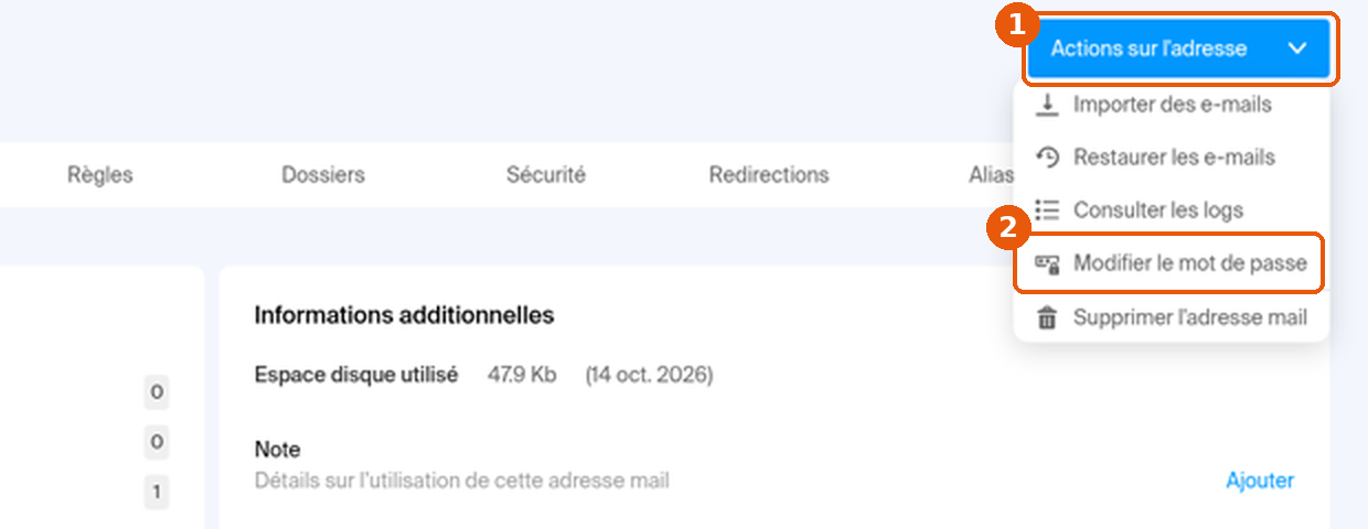 Menu Actions sur l'adresse ouvert, entrée Modifier le mot de passe encadrée