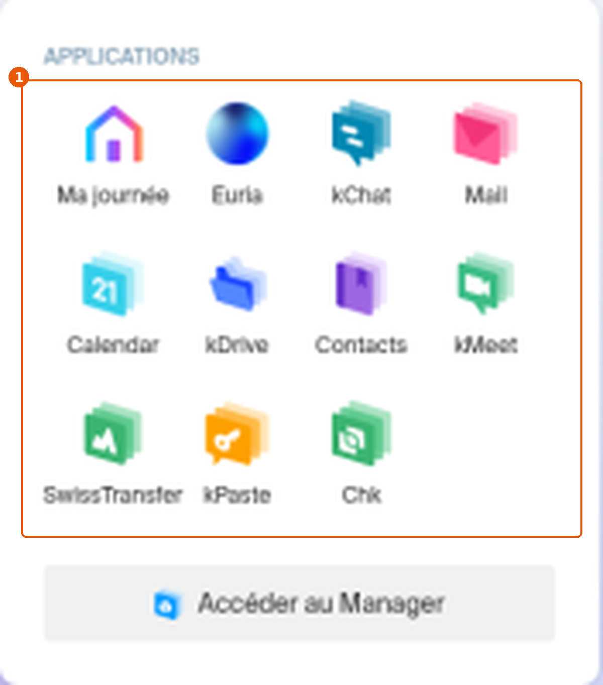 Panneau APPLICATIONS de kSuite avec les 11 applications encadrées (1)