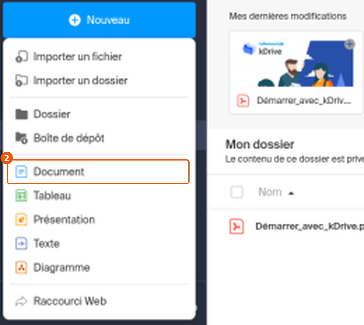Menu Nouveau de kDrive avec l'entrée Document encadrée (2)