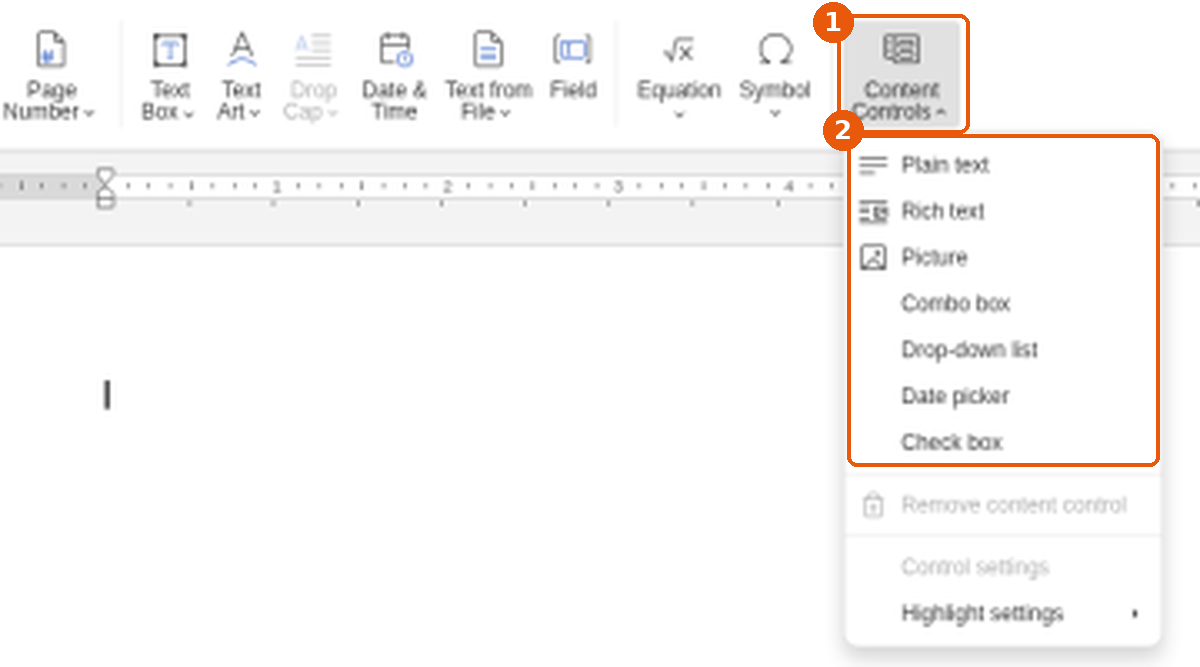 Onglet Insert de l'éditeur Docs : bouton Content Controls (1) et liste des types de champs (2) encadrés