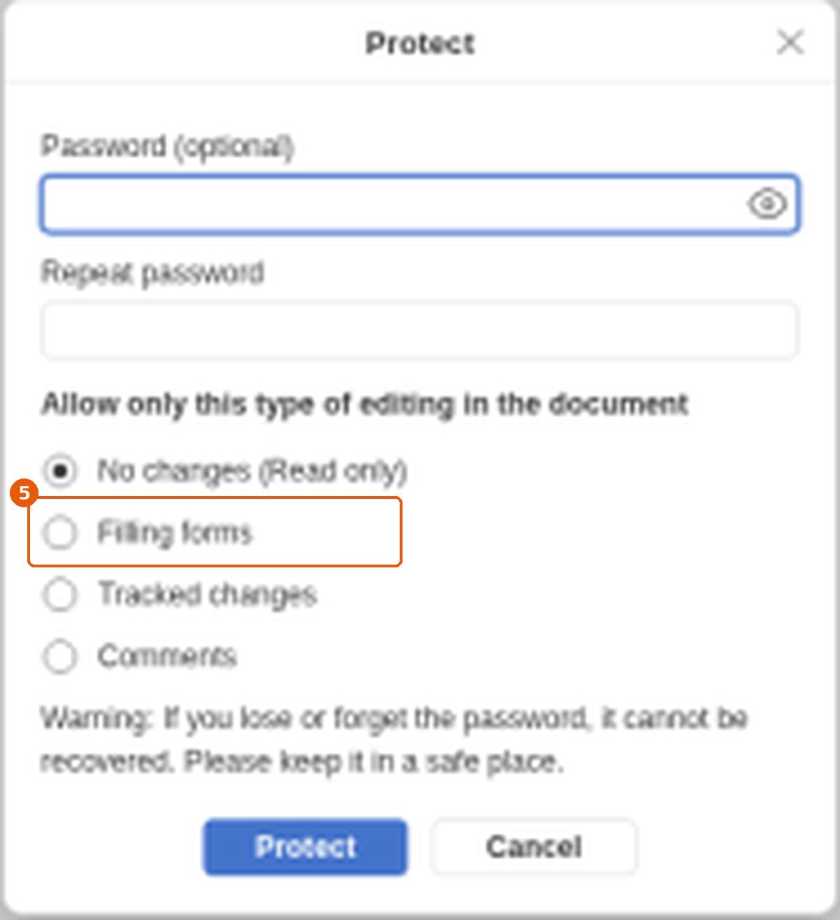Fenêtre Protect de l'éditeur Docs avec l'option Filling forms encadrée (5)