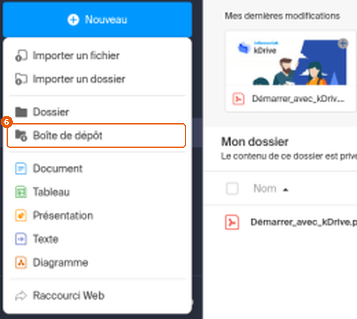 Menu Nouveau de kDrive avec l'entrée Boîte de dépôt encadrée (6)