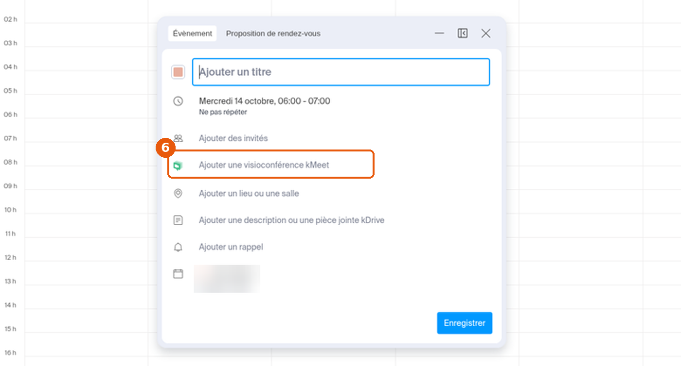 Formulaire de nouvel événement dans Calendar : option Ajouter une visioconférence kMeet encadrée (6)