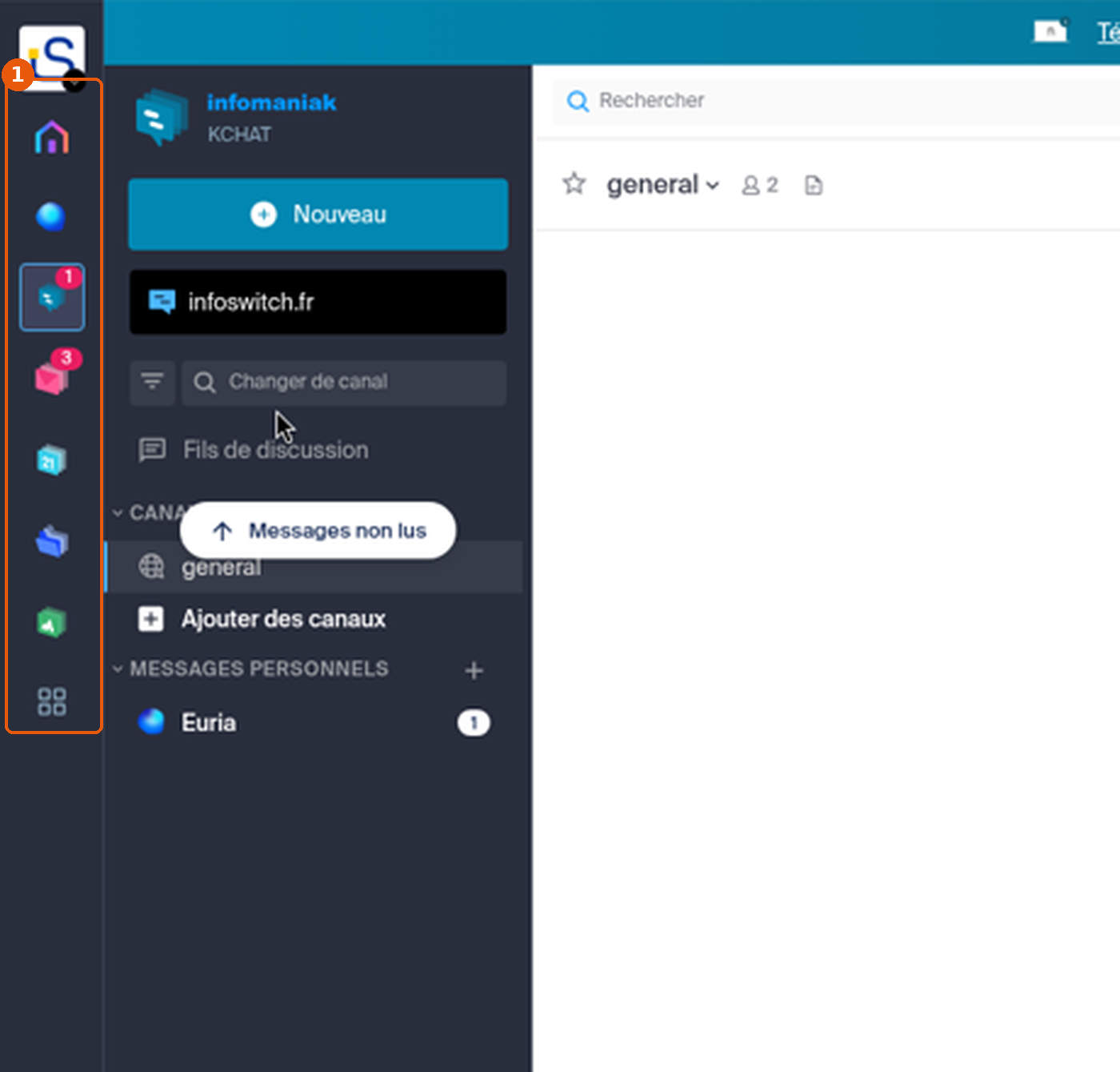 Interface kSuite : barre d'applications verticale à gauche encadrée (1), avec kChat ouvert