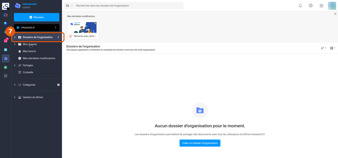 kDrive : entrée Dossiers de l'organisation encadrée dans le menu (7), espace encore vide