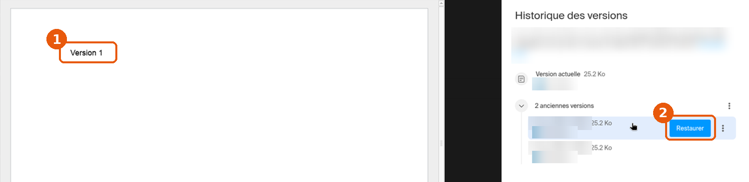 Aperçu d'une ancienne version et panneau Historique des versions avec le bouton Restaurer encadré