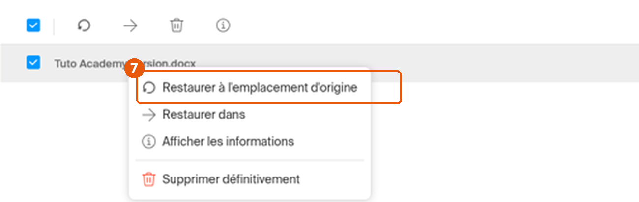 Menu contextuel de la corbeille avec Restaurer à l'emplacement d'origine encadré