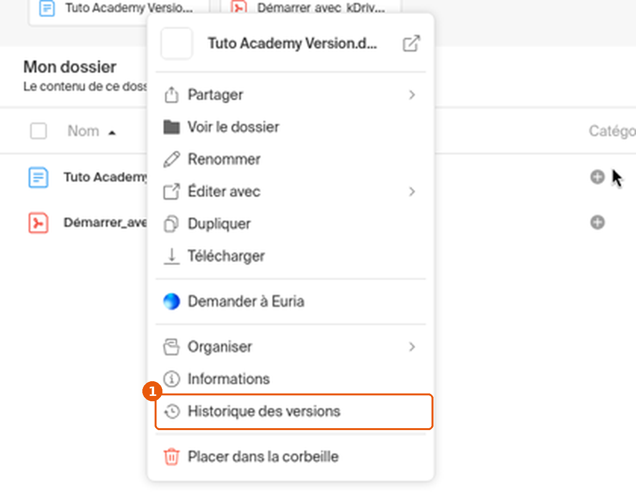 Menu contextuel d'un fichier kDrive avec Historique des versions encadré