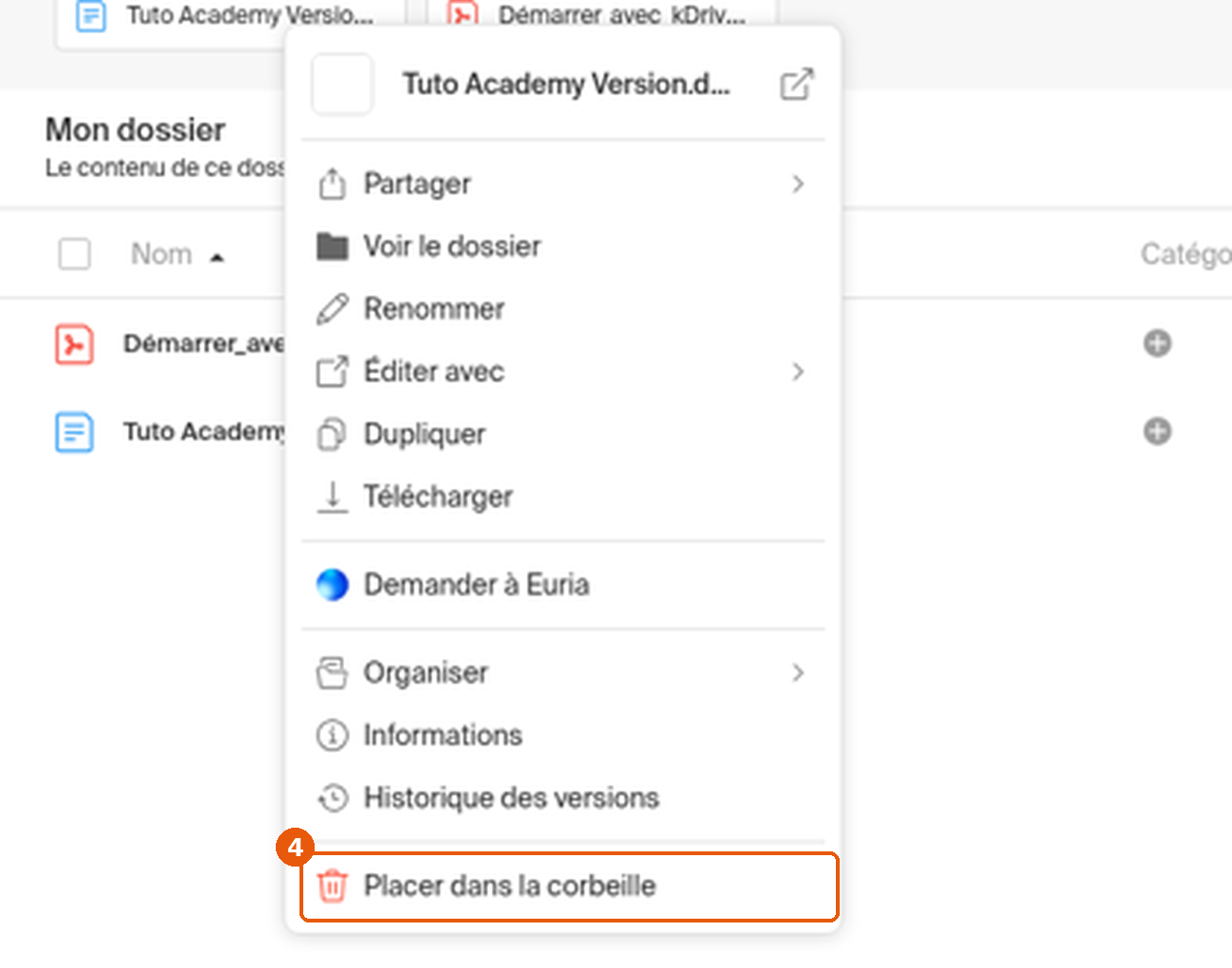 Menu contextuel avec Placer dans la corbeille encadré