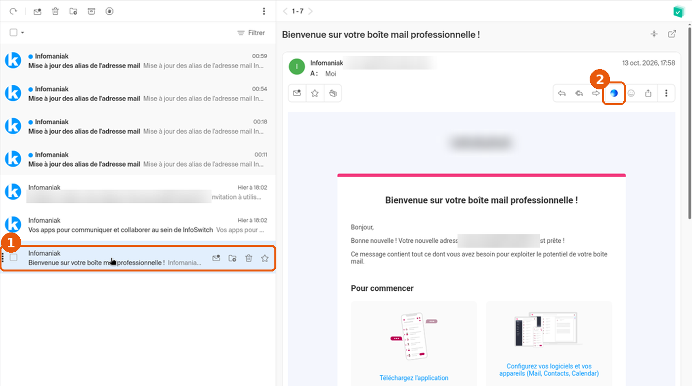 Message ouvert dans Mail, ligne du message et bouton Euria encadrés