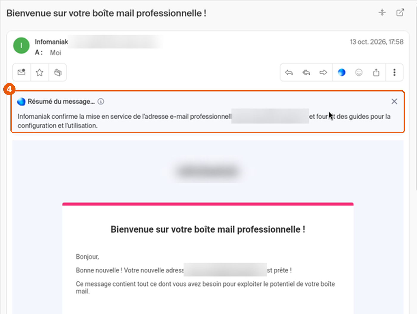 Bandeau Résumé du message affiché au-dessus du corps de l'e-mail