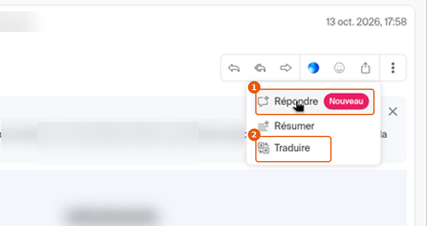 Menu Euria avec Répondre (badge Nouveau) et Traduire encadrés