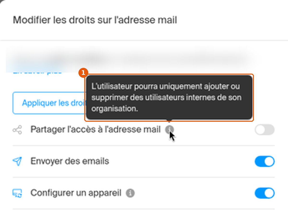 Info-bulle de l'option Partager l'accès à l'adresse mail