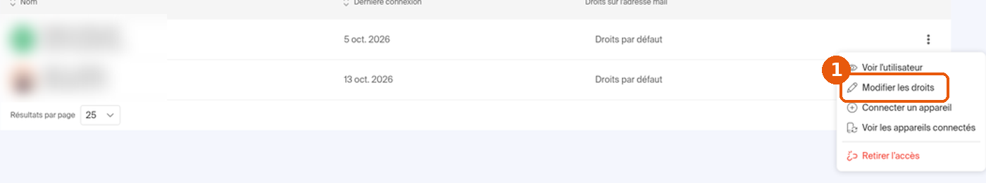 Menu ⋮ d'un utilisateur avec l'option Modifier les droits