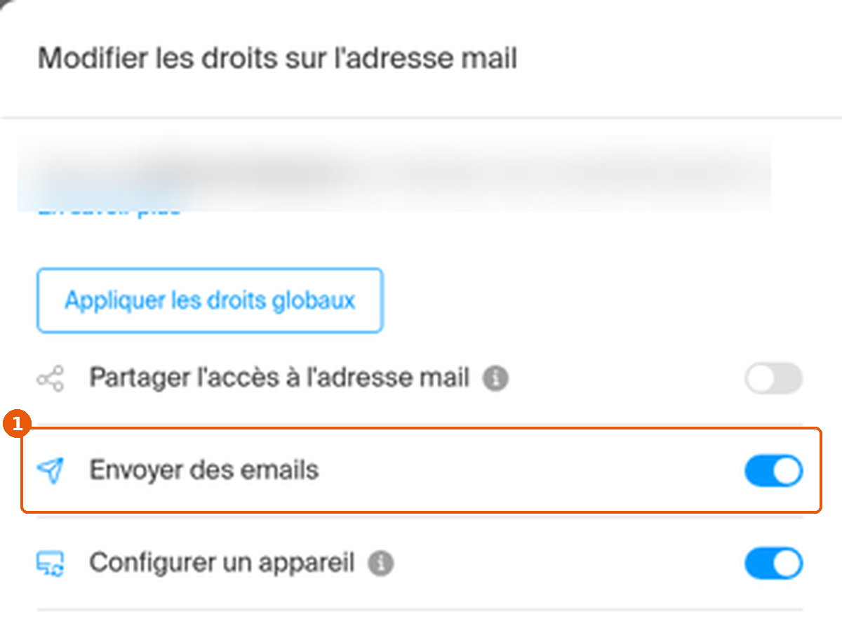Panneau Modifier les droits sur l'adresse mail, interrupteur Envoyer des emails