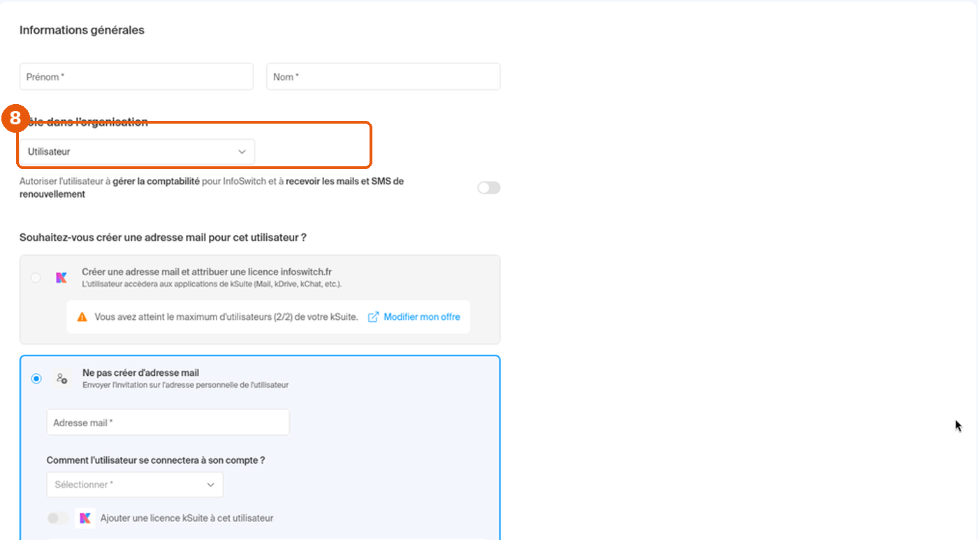 Formulaire Ajouter un utilisateur : champ Rôle dans l'organisation encadré