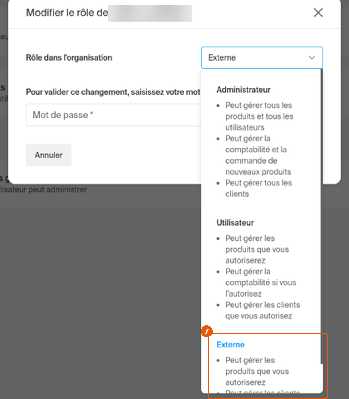 Fenêtre Modifier le rôle d'un utilisateur externe : option Externe encadrée