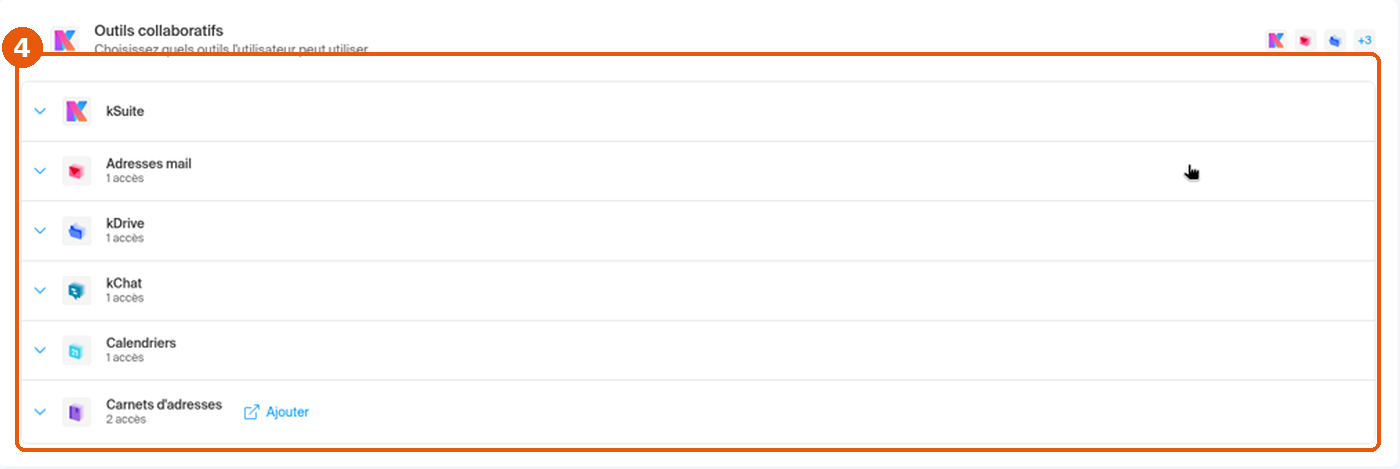 Bloc Outils collaboratifs de la fiche : kSuite, Adresses mail, kDrive, kChat, Calendriers, Carnets d'adresses
