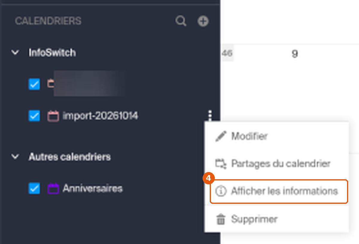 Menu du calendrier import-20261014 avec Afficher les informations encadré