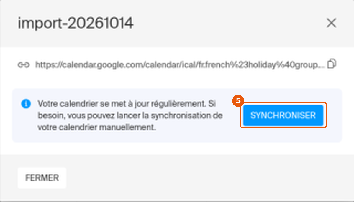 Fenêtre d'informations du calendrier avec le bouton Synchroniser encadré