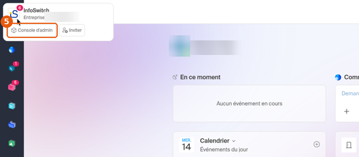 Fenêtre de l'organisation sous le logo kSuite avec le bouton Console d'admin