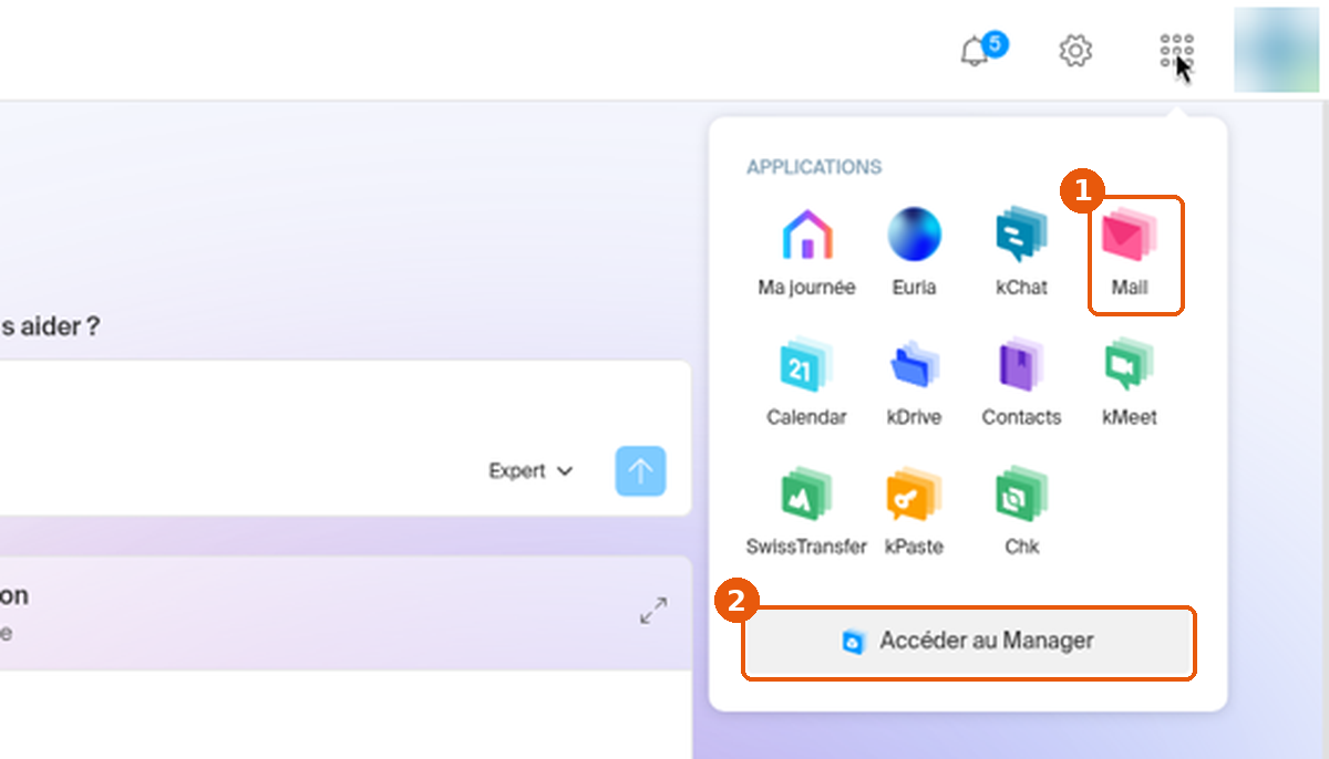 Menu Applications de kSuite avec la tuile Mail et le bouton Accéder au Manager