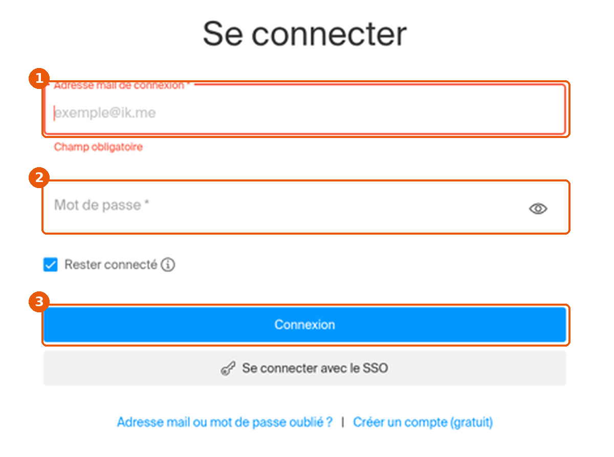 Page Se connecter d'Infomaniak avec les champs Adresse mail de connexion, Mot de passe et le bouton Connexion