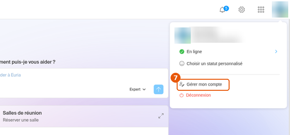 Menu de l'avatar dans kSuite avec Gérer mon compte et Déconnexion